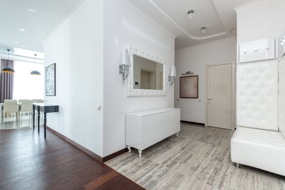 Spacious modern interior with white minimalist decor and luxurious design