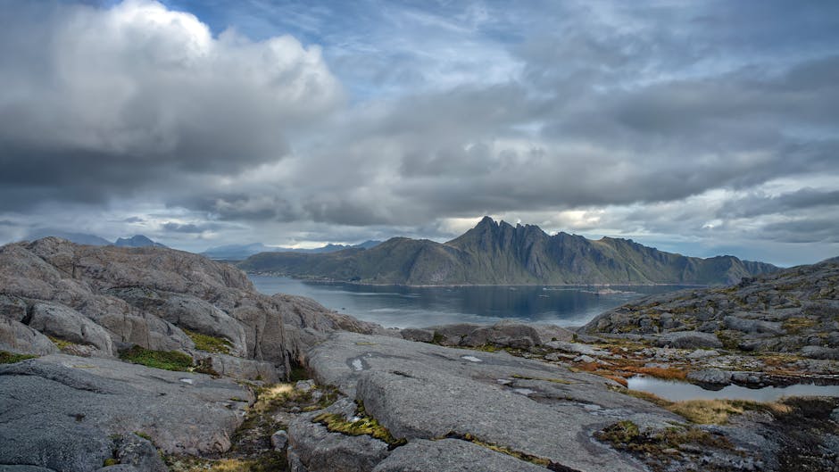 Dramatic landscape of mountains and fjord in Nusfjord, Norway